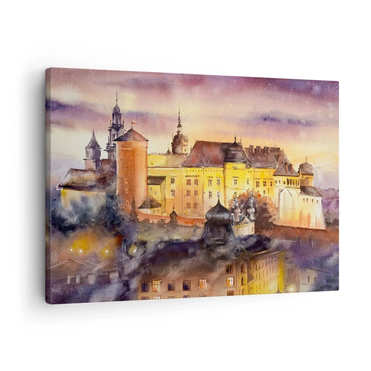 Lærredstryk - Billede på lærred - Et malerisk akvarelmaleri af et slot ved solnedgang - 70x50cm - En historie og en fortælling - Moderne vægdekoration til stue og soveværelse ARTTOR