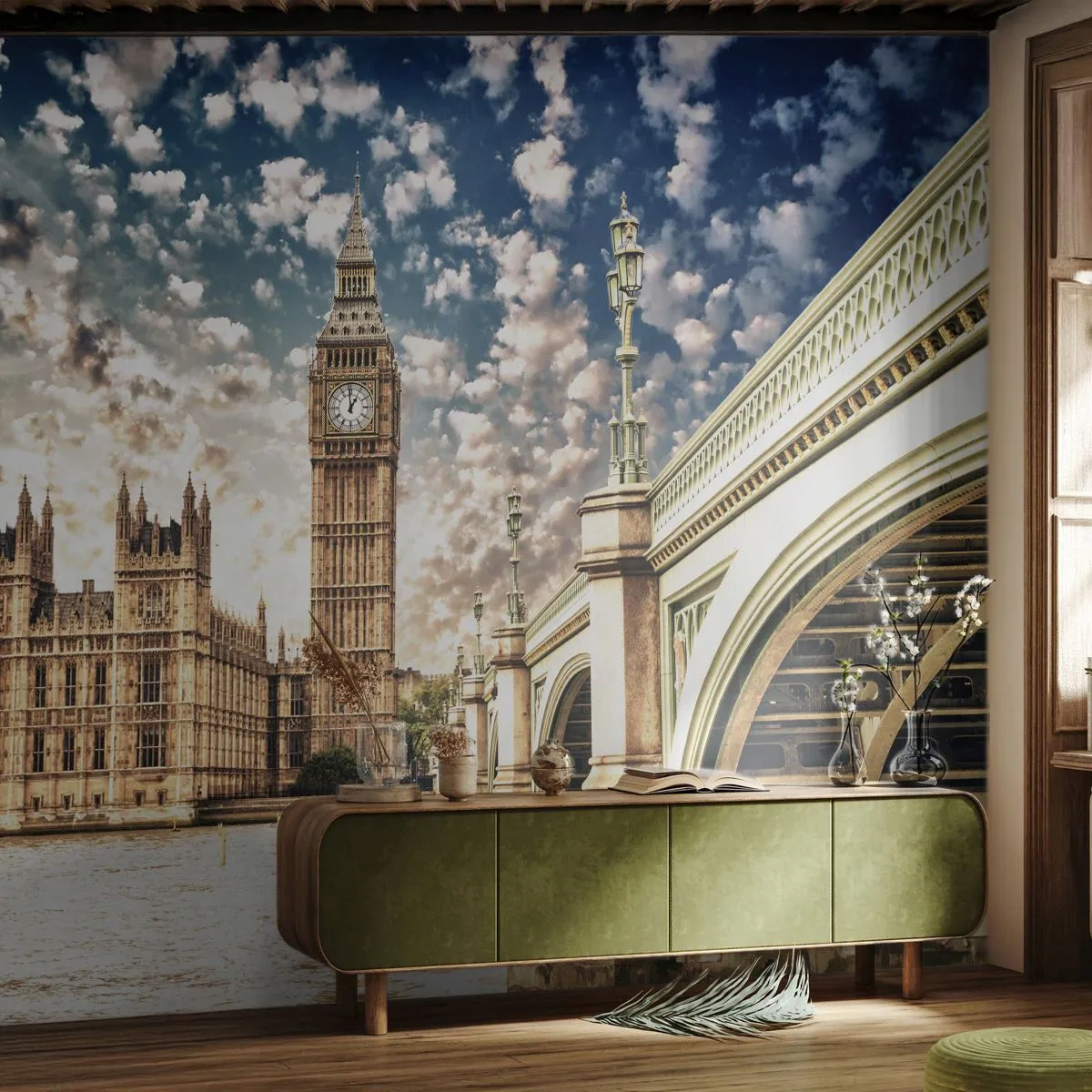 Fototapet Premium Canvas - Fjeragtige skyer over Themsen - By, London, England - 200x140 cm