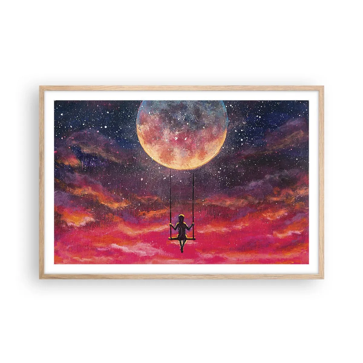 Plakat i ramme af lyst egetræ - Glæd dig i skyerne - 91x61 cm