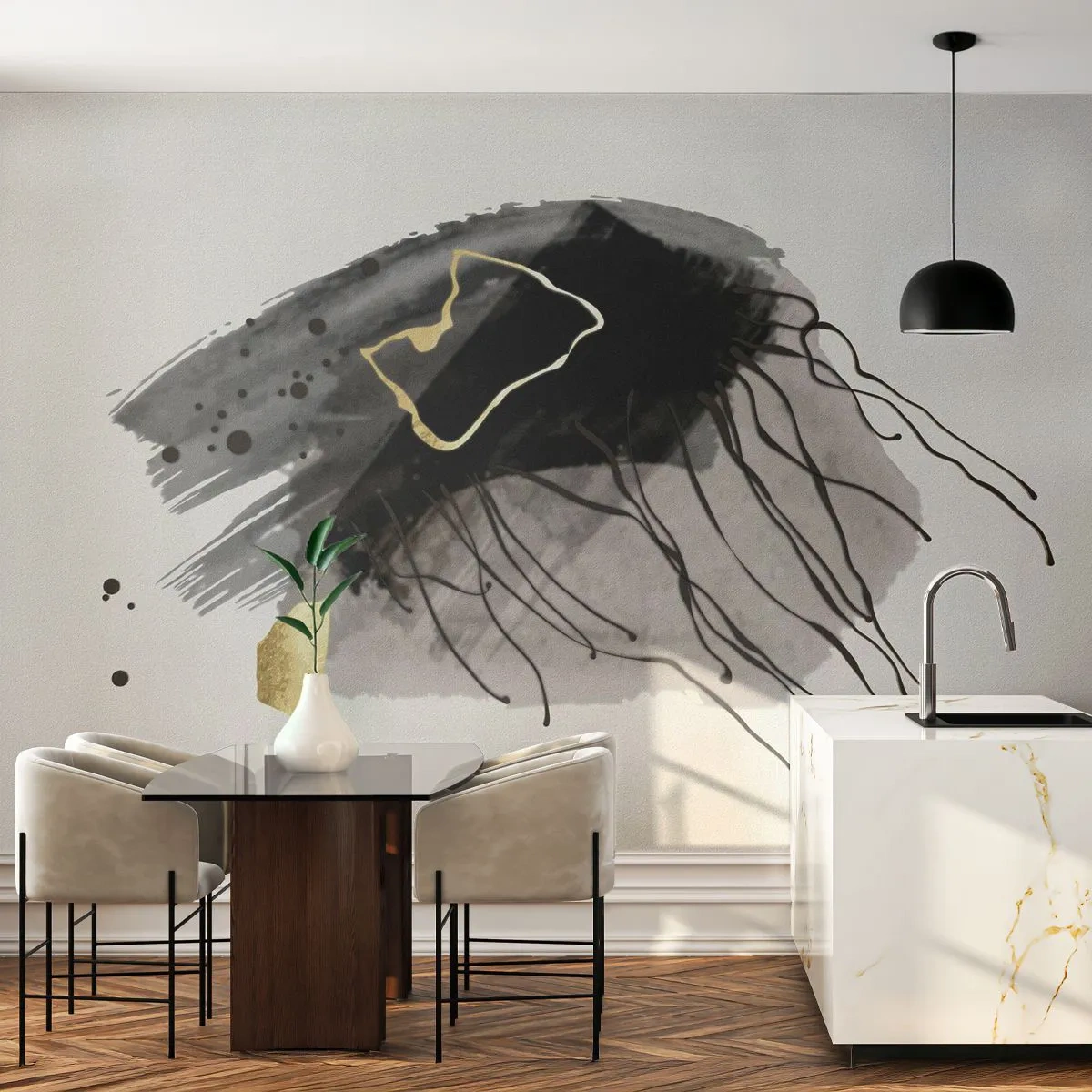 Fototapet Selvklæbende Deluxe Sticker - I sort og guld - Abstraktion, Stykke, Grafik - 350x256 cm