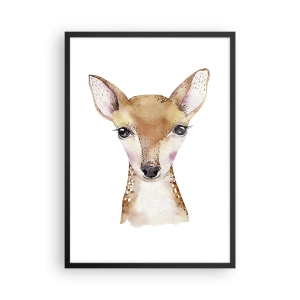 Plakat i sort ramme - Akvarelportræt af en ung rådyr på en hvid baggrund - 50x70cm - Uskyldighedens natur - Moderne vægdekoration til stue og soveværelse ARTTOR