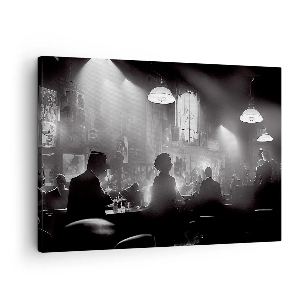 Lærredstryk - Billede på lærred - Sort-hvid jazznatklubscene - 70x50cm - I en jazzet stemning - Moderne vægdekoration til stue og soveværelse ARTTOR