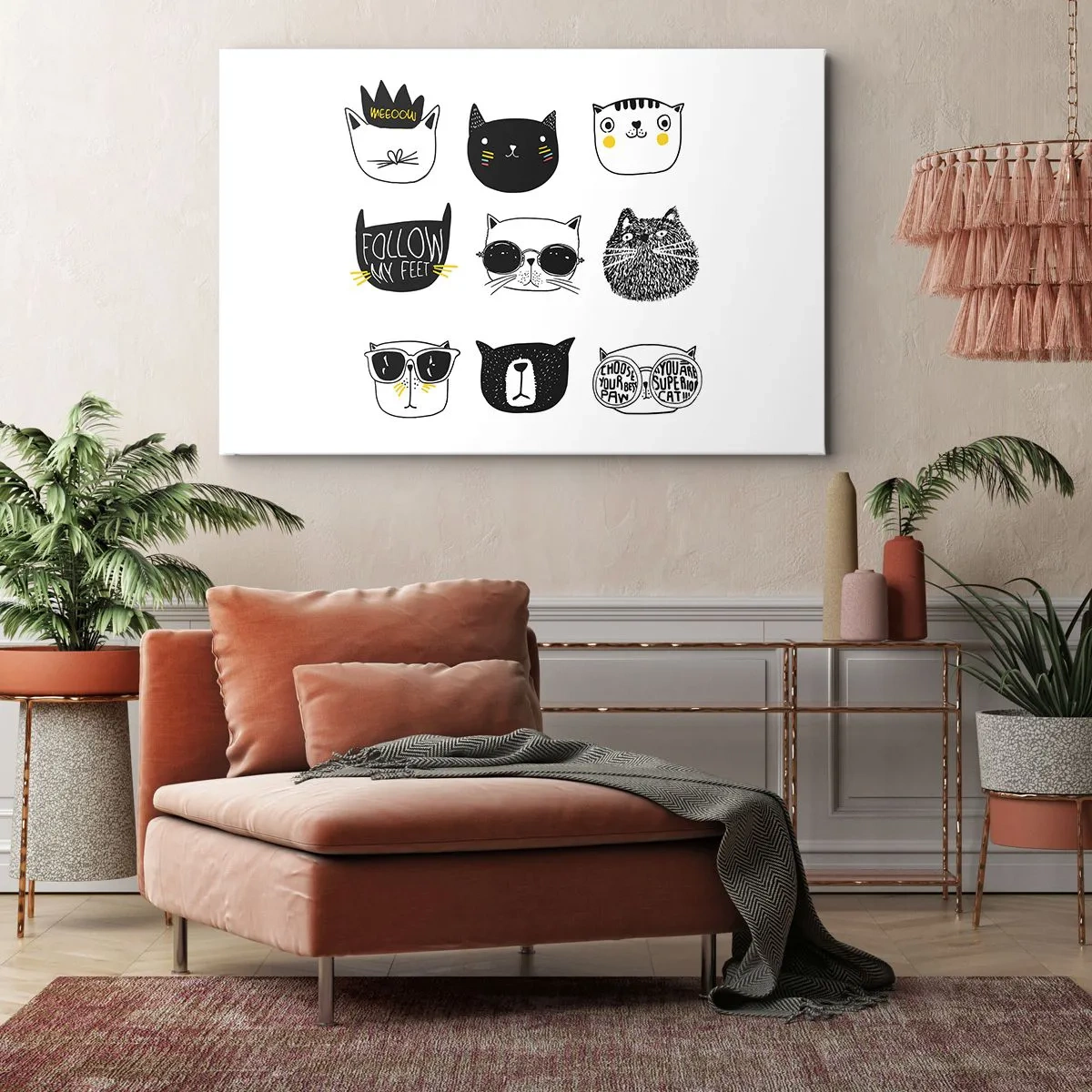 Lærredstryk - Billede på lærred - Stilfulde katteillustrationer i minimalistisk stil - 70x50cm - Alle andre - Moderne vægdekoration til stue og soveværelse ARTTOR