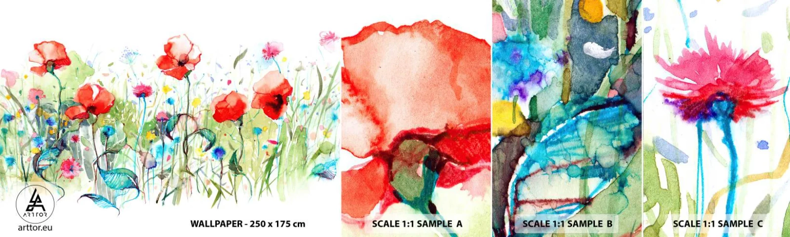 Prøve Fototapet Selvklæbende Deluxe Sticker - En blomstrende eng i maj - Blomster, Valmuer, Have - 100x30 cm