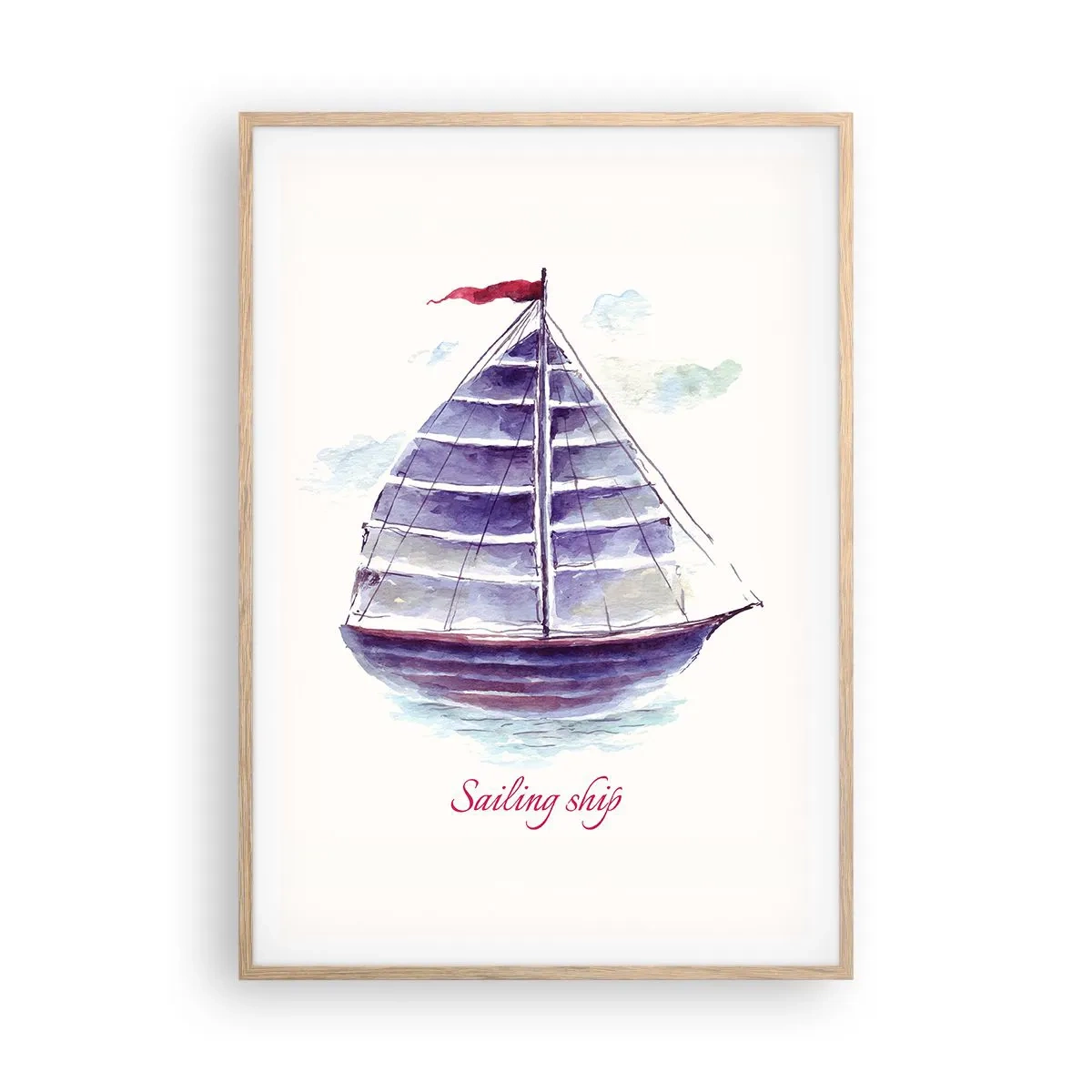 Plakat i ramme af lyst egetræ - Fulde sejl og roligt vand - 70x100 cm