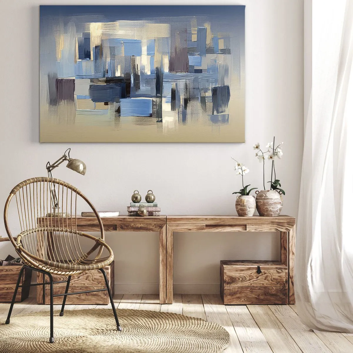 Lærredstryk - Billede på lærred - Geometriske former i blå og beige nuancer - 70x50cm - Blå konstruktion - Moderne vægdekoration til stue og soveværelse ARTTOR