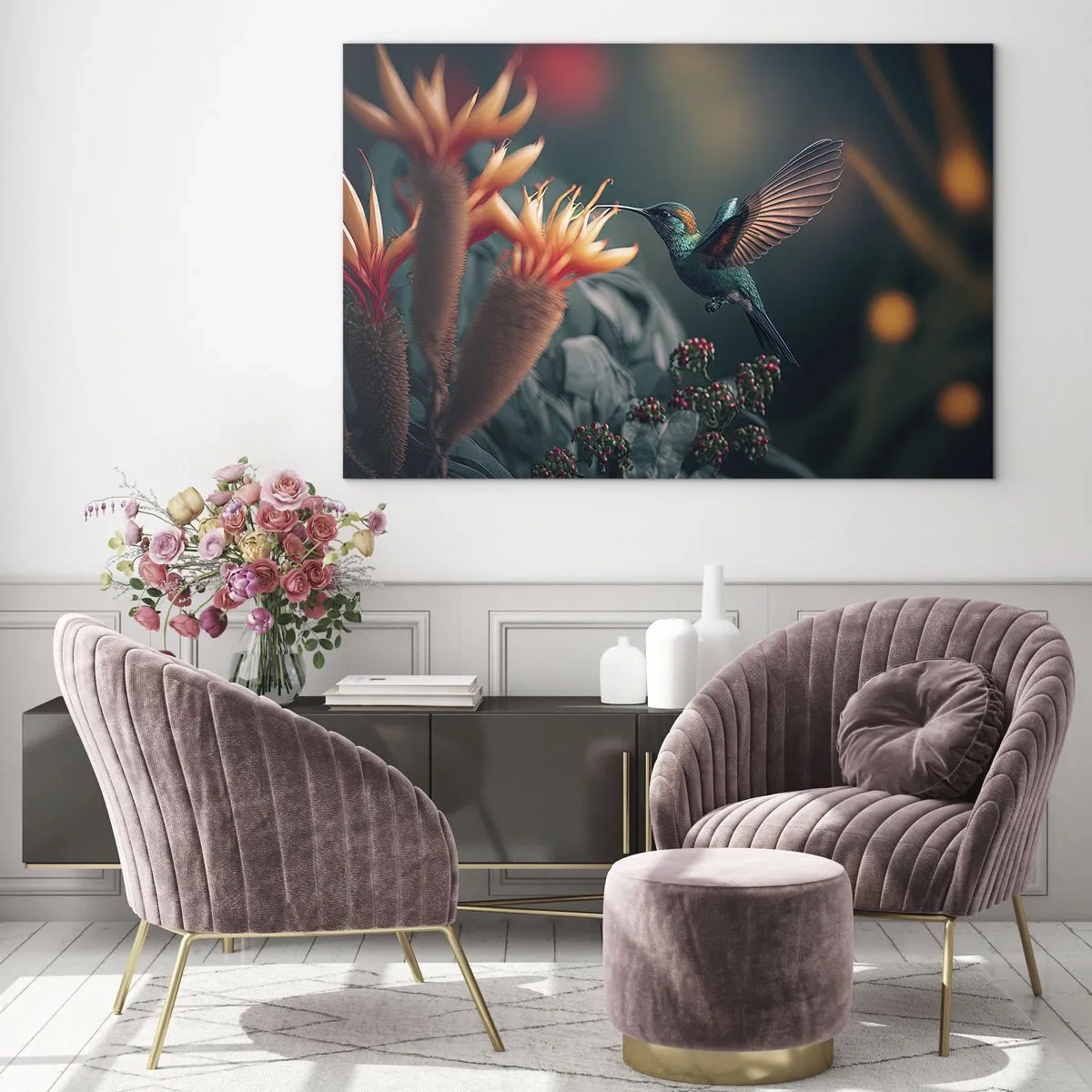 Billede på glas - En kolibri svæver over eksotiske blomster blandt bladene. - 70x50cm - Et virkelig farverigt liv - Moderne vægdekoration til stue og soveværelse ARTTOR