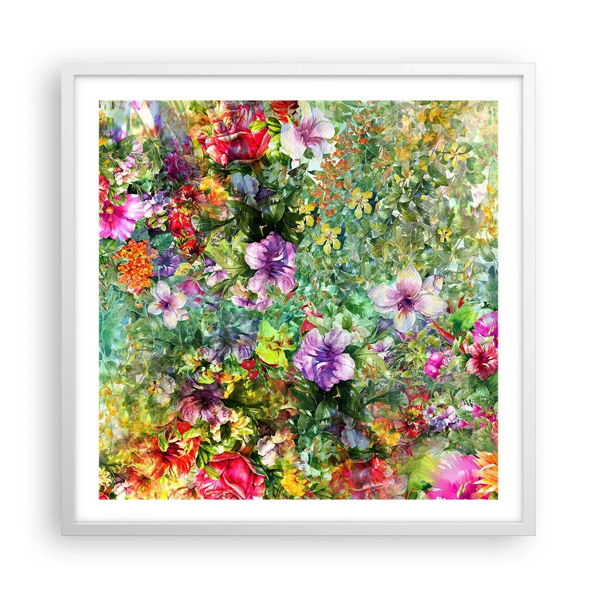 Plakat i hvid ramme - Ind i blomsterne ved fortabelse - 60x60 cm