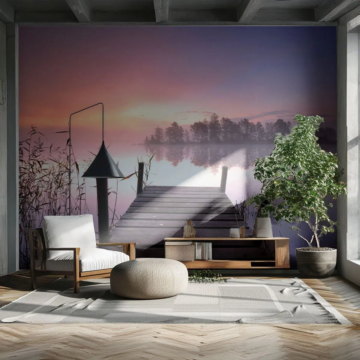 Fototapet Premium Sand - Ud af den lilla tåge... - Landskab, Solopgang, Sø - 100x70 cm