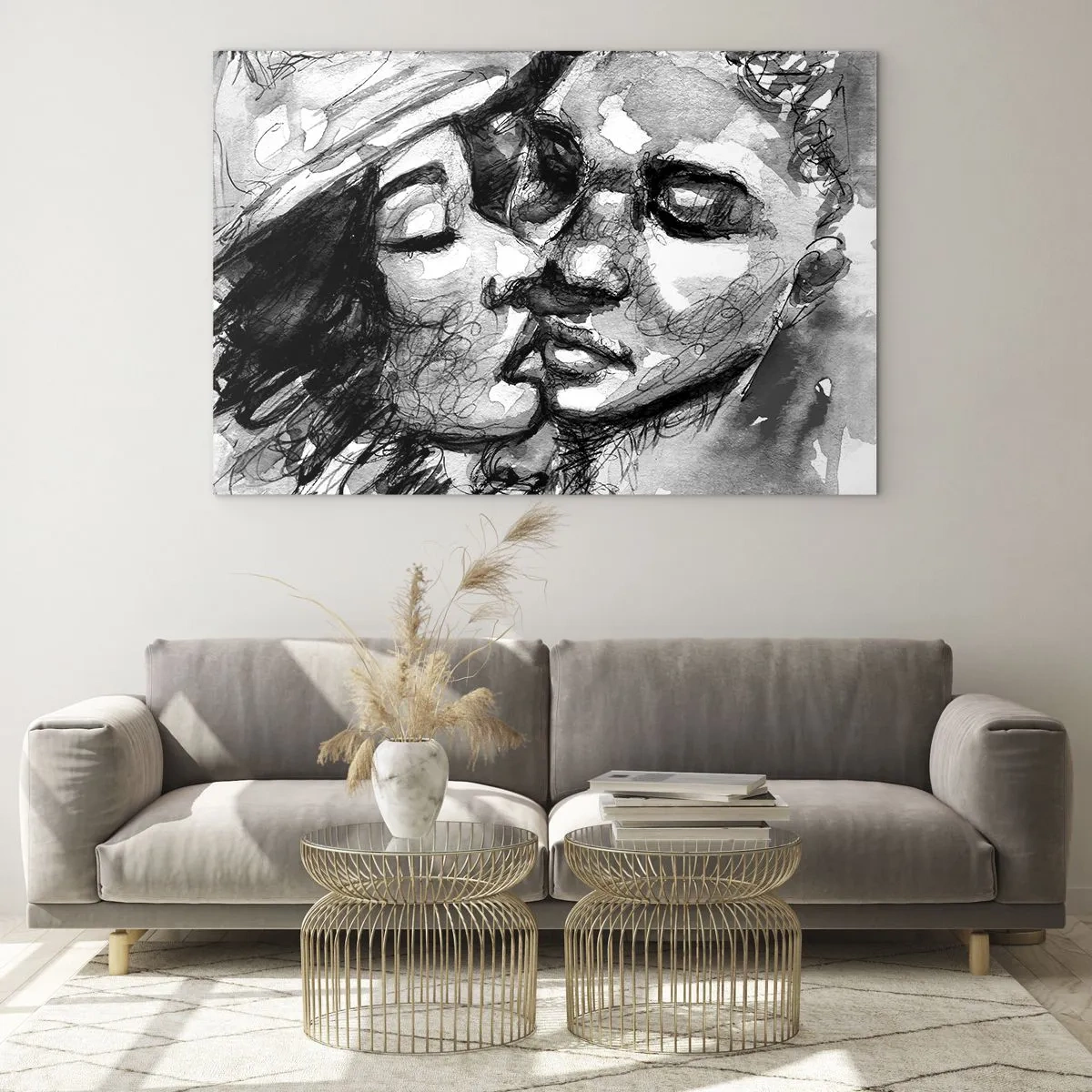 Billede på glas - Sort-hvid skitse af et ømt kys - 70x50cm - Et ømt øjeblik - Moderne vægdekoration til stue og soveværelse ARTTOR