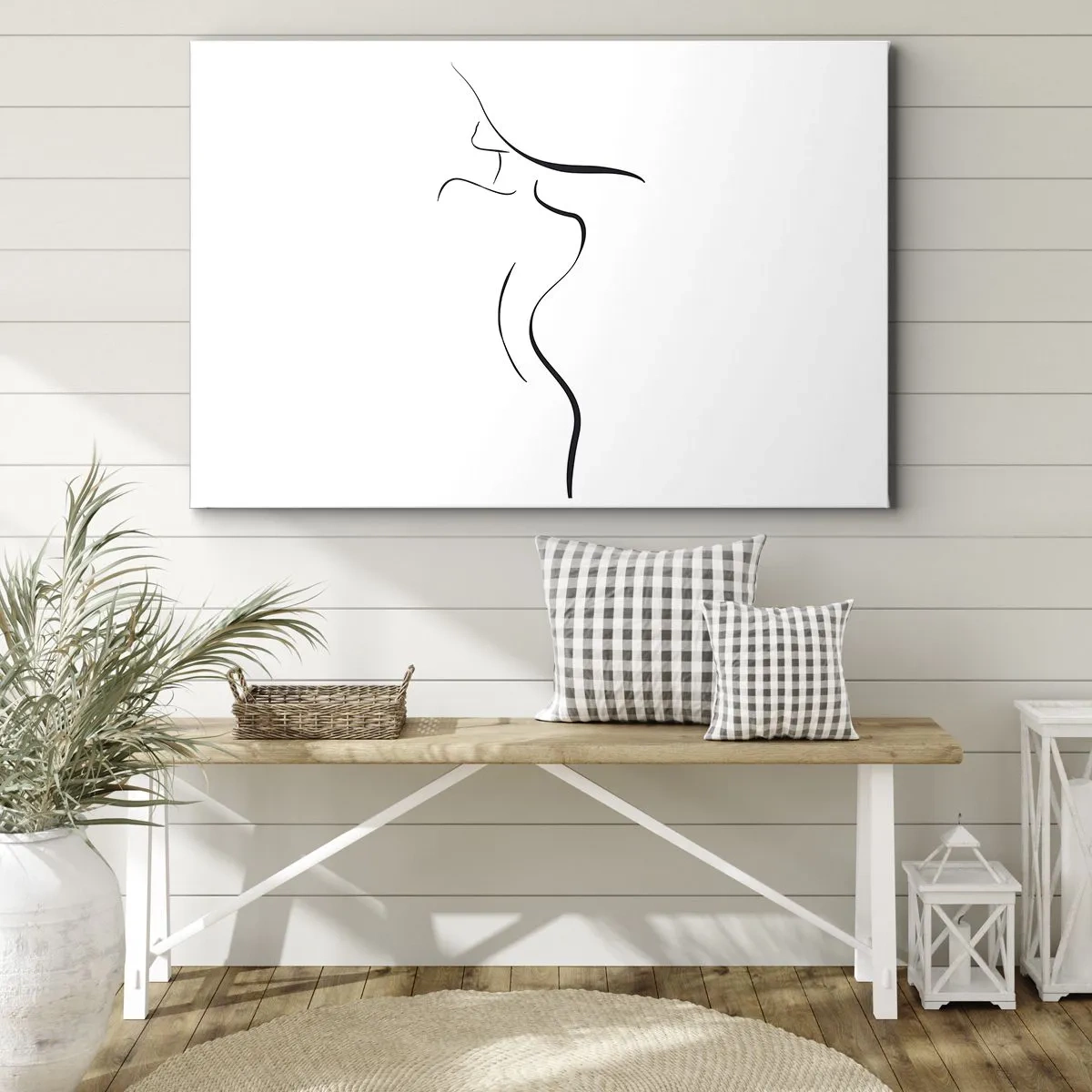 Lærredstryk - Billede på lærred - Minimalistisk omrids af en kvindelig silhuet på en hvid baggrund - 70x50cm - Flygtig som en bølge - Moderne vægdekoration til stue og soveværelse ARTTOR