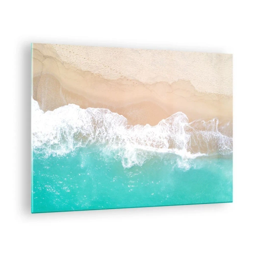 Billede på glas - Luftfoto af stranden med turkis vand og hvide bølger - 70x50cm - Kærlig berøring - Moderne vægdekoration til stue og soveværelse ARTTOR