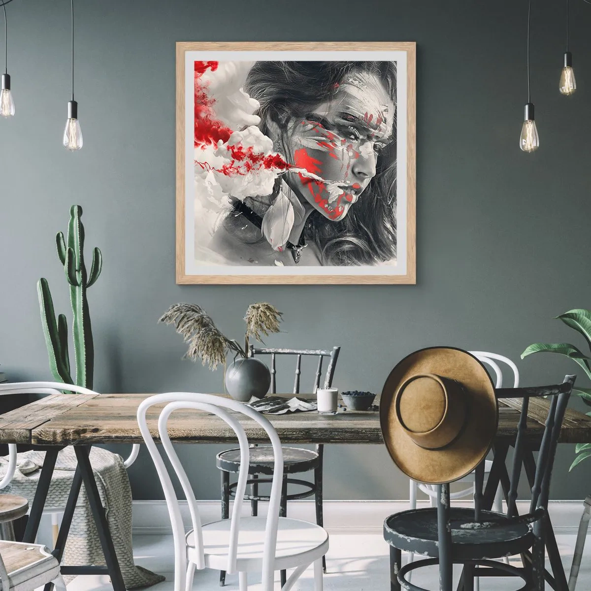 Plakat i ramme af lyst egetræ - I det absurdes damp - 40x40 cm