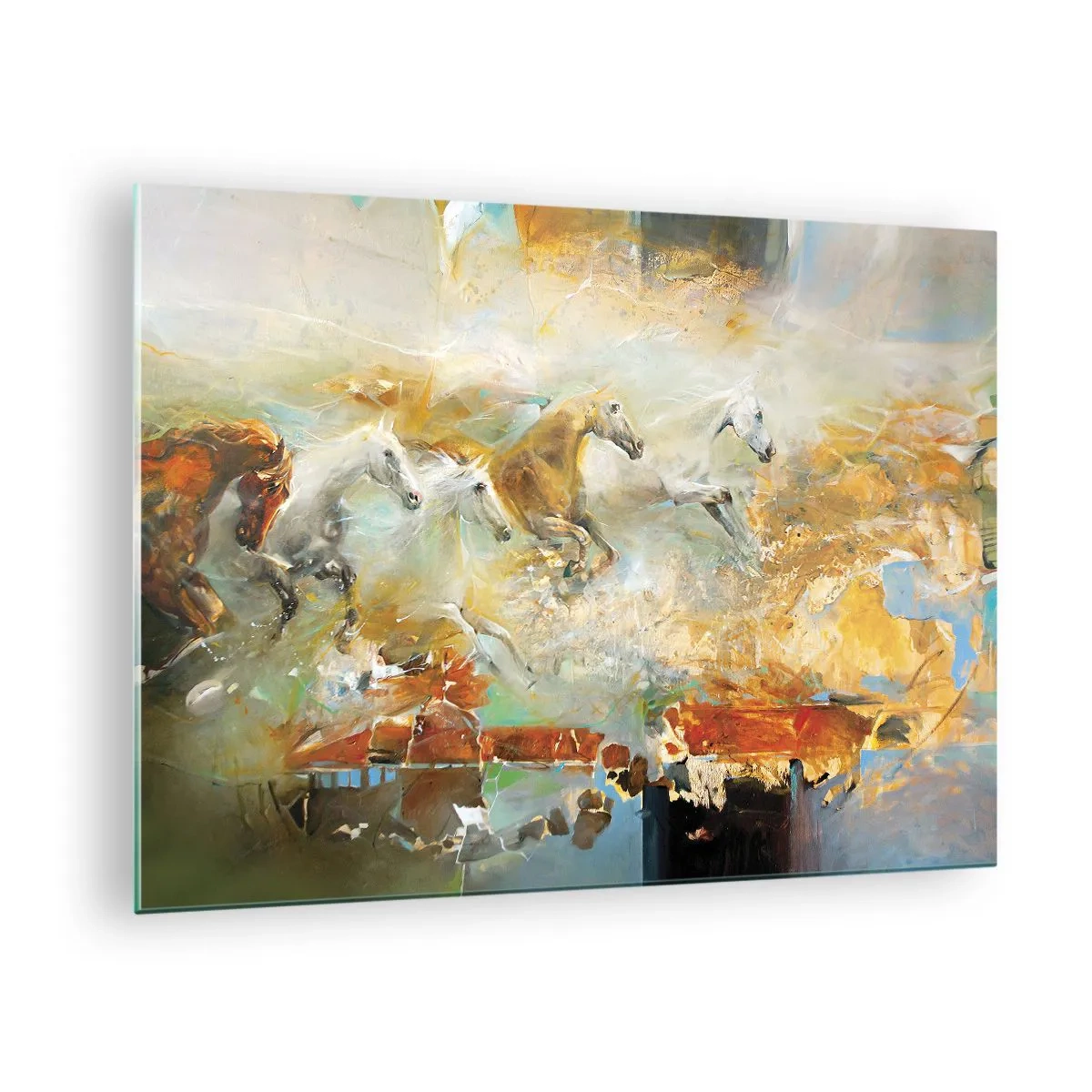 Billede på glas - Abstrakte heste i dynamisk bevægelse - 70x50cm - Galopperer gennem lyset - Moderne vægdekoration til stue og soveværelse ARTTOR