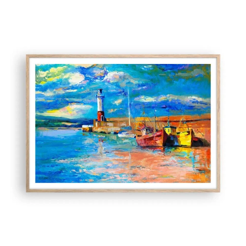 Plakat i ramme af lyst egetræ - Eftermiddag i regnbuebugten - 100x70 cm