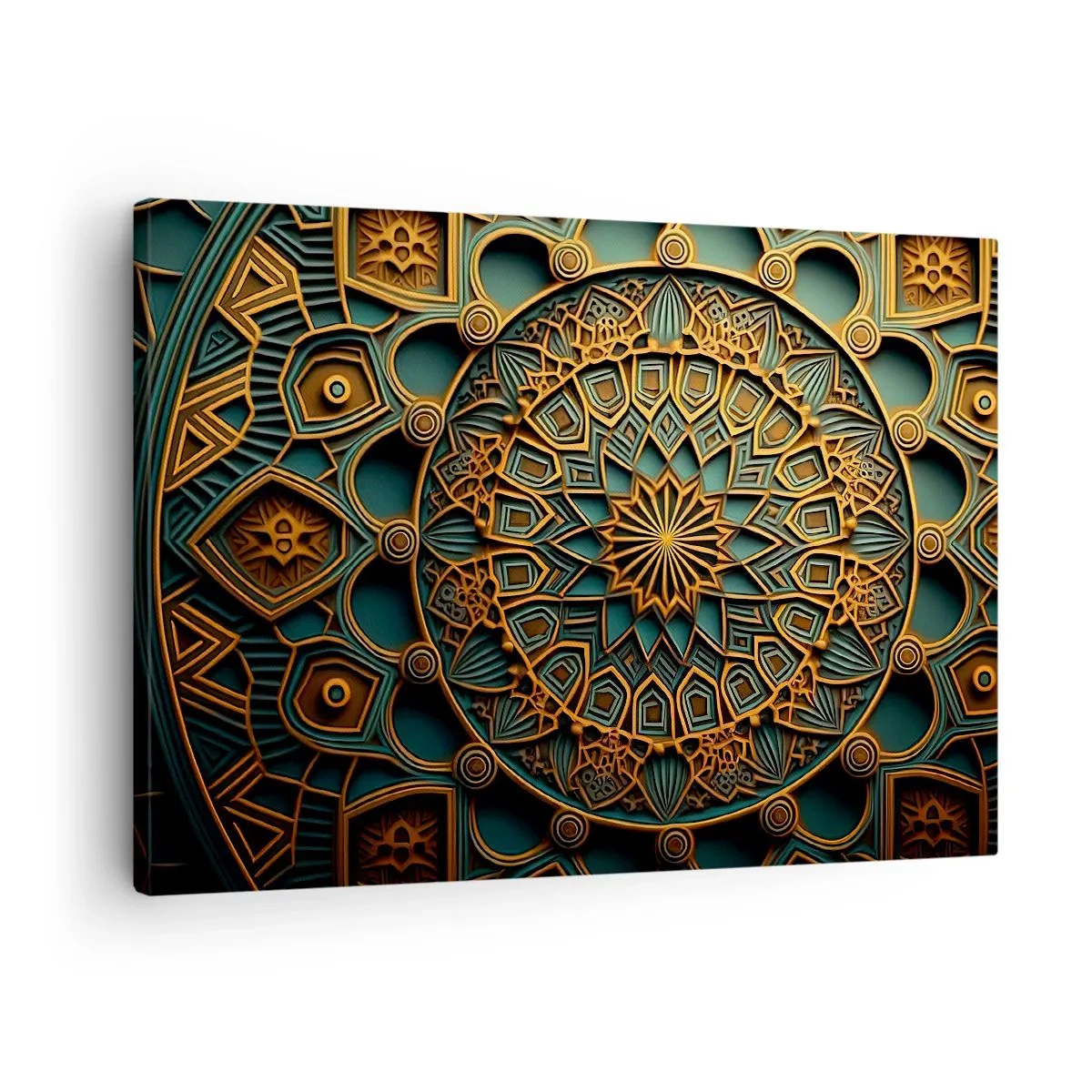 Lærredstryk - Billede på lærred - En gylden mandala på en turkis baggrund med flotte detaljer. - 70x50cm - I et arabisk klima - Moderne vægdekoration til stue og soveværelse ARTTOR