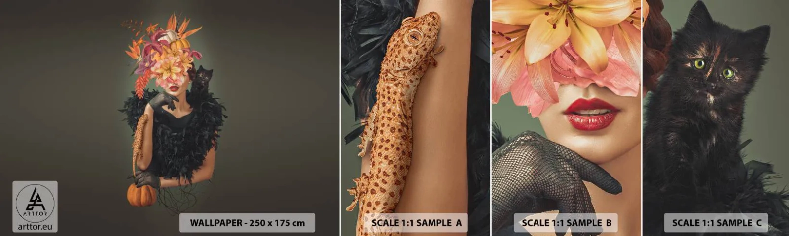 Prøve Fototapet Selvklæbende Deluxe Sticker - Heksens fortryllelse - Abstraktion, Kvinde, Blomster - 100x30 cm