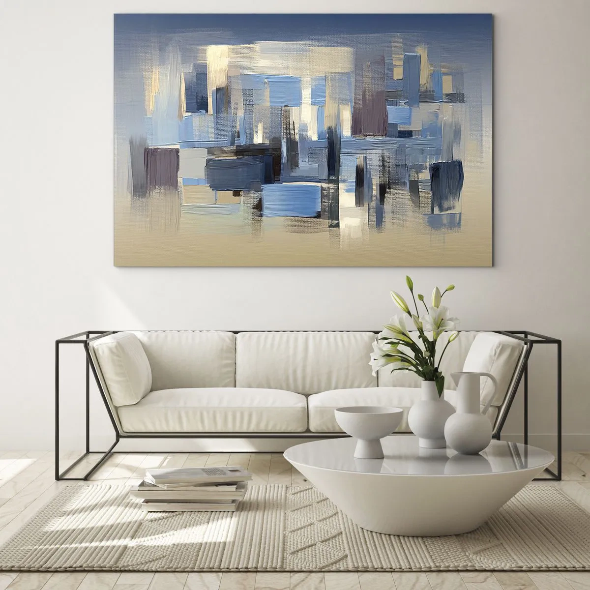 Billede på glas - Geometriske penselstrøg i blå og beige nuancer - 70x50cm - Blå konstruktion - Moderne vægdekoration til stue og soveværelse ARTTOR