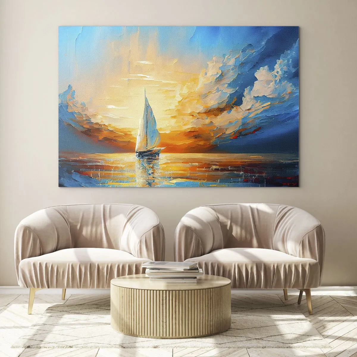 Billede på glas - En sejlbåd til søs i lyset af den nedgående sol - 70x50cm - Sejler i guld - Moderne vægdekoration til stue og soveværelse ARTTOR