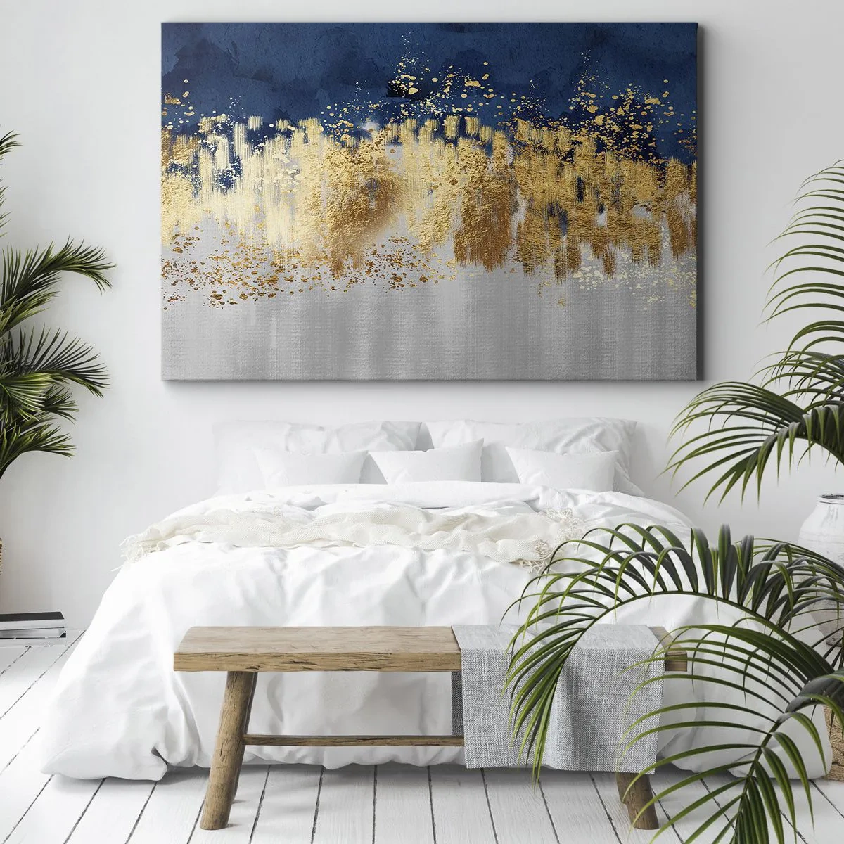 Lærredstryk - Billede på lærred - En abstrakt komposition i nuancer af guld og marineblå. - 70x50cm - Moderne komposition med gnist - Moderne vægdekoration til stue og soveværelse ARTTOR