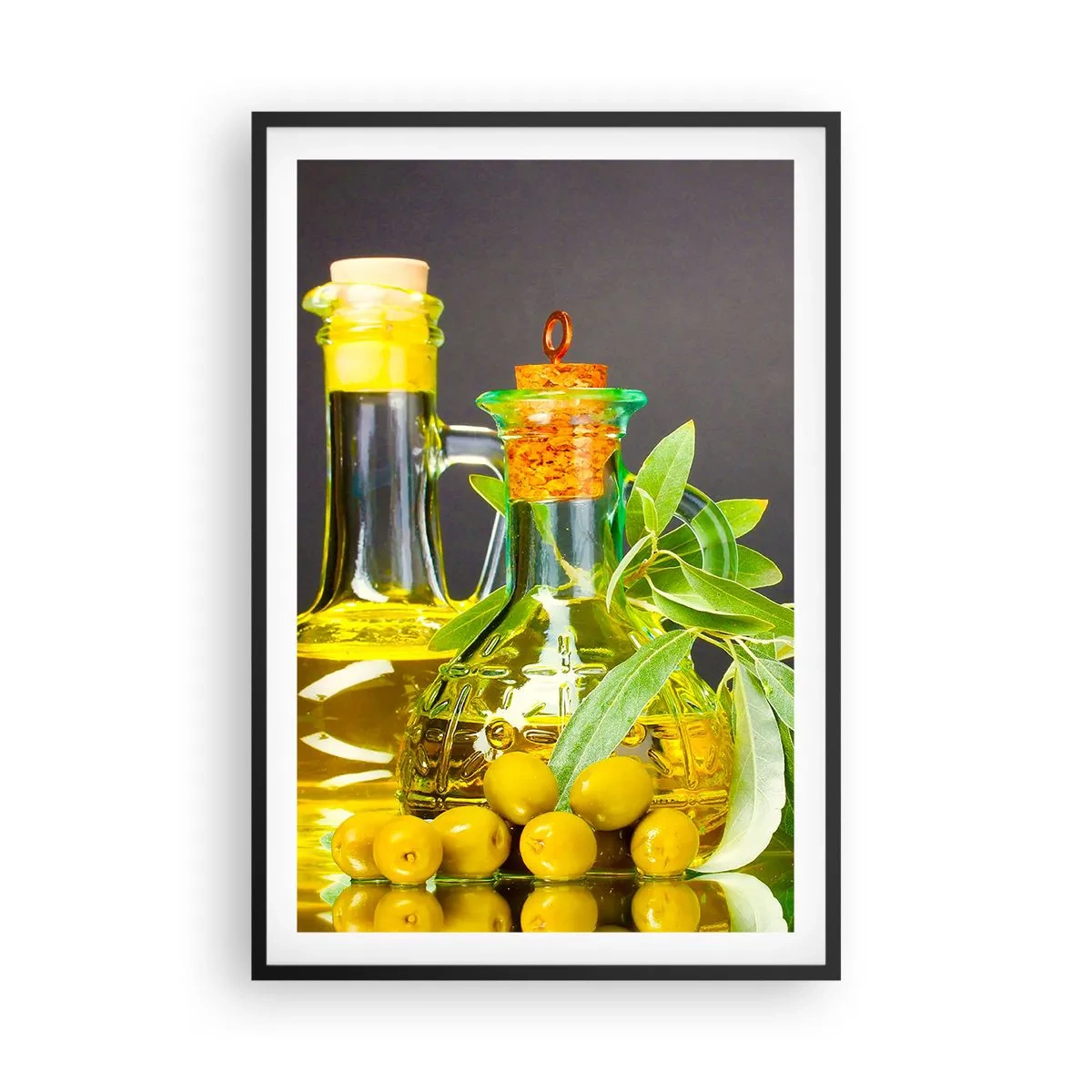Plakat i sort ramme - Stilleben med oliven og olie - 61x91 cm