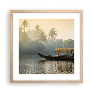 Plakat i ramme af lyst egetræ - Hus ved floden - 40x40 cm