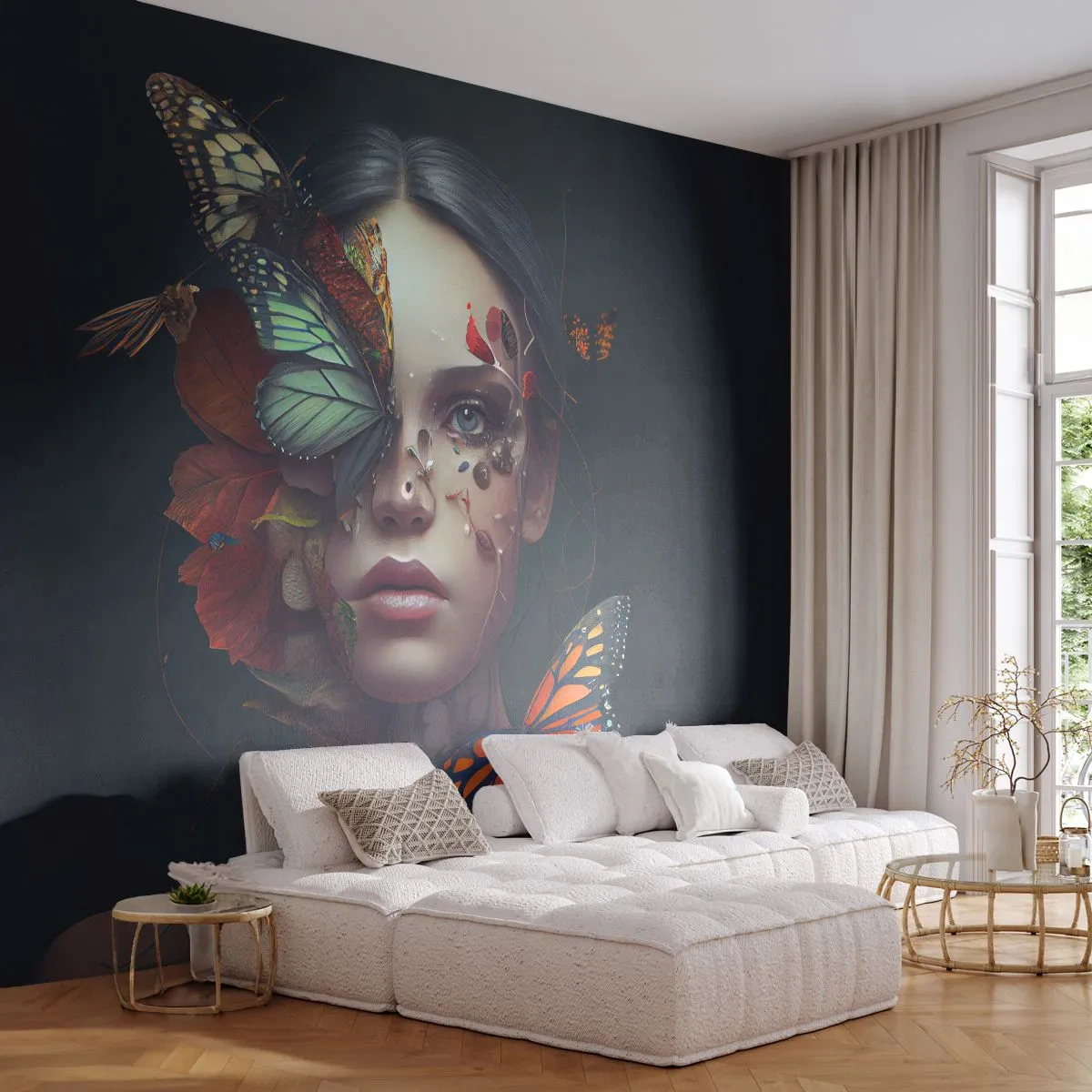 Fototapet Premium Sand - En vidunderlig metamorfose - Sommerfugle, ansigt, Kvinde - 100x70 cm