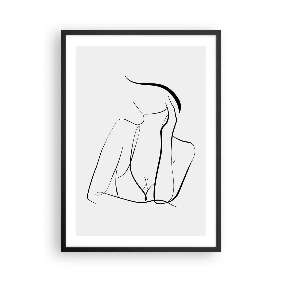 Plakat i sort ramme - En minimalistisk linje, der skildrer en kvindes silhuet - 50x70cm - På bølgen af en drøm - Moderne vægdekoration til stue og soveværelse ARTTOR