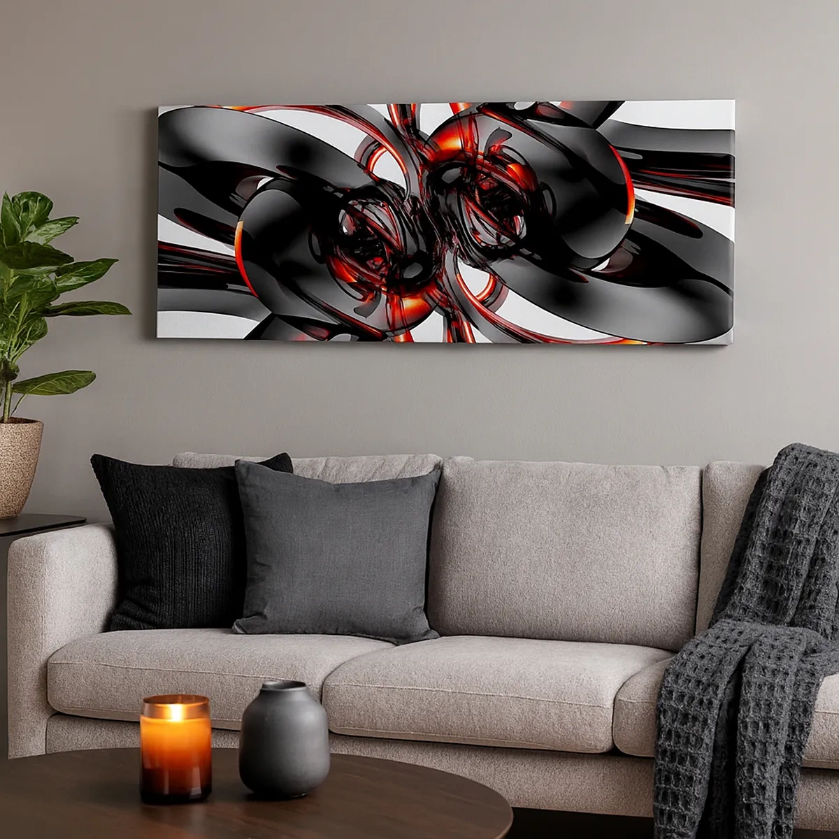 Lærredstryk - Billede på lærred - Bevægelse i grafit og rød - 30x30 cm