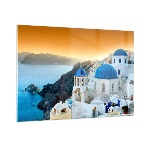 Billede på glas - Santorini - omfavnet af klipperne - 100x70 cm