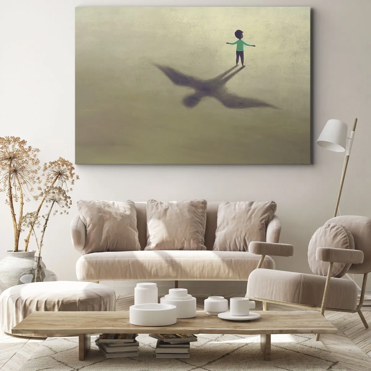 Lærredstryk - Billede på lærred - En symbolsk figur af et barn med en fugls skygge mod en baggrund i varme nuancer. - 70x50cm - Fremtidens helt - Moderne vægdekoration til stue og soveværelse ARTTOR