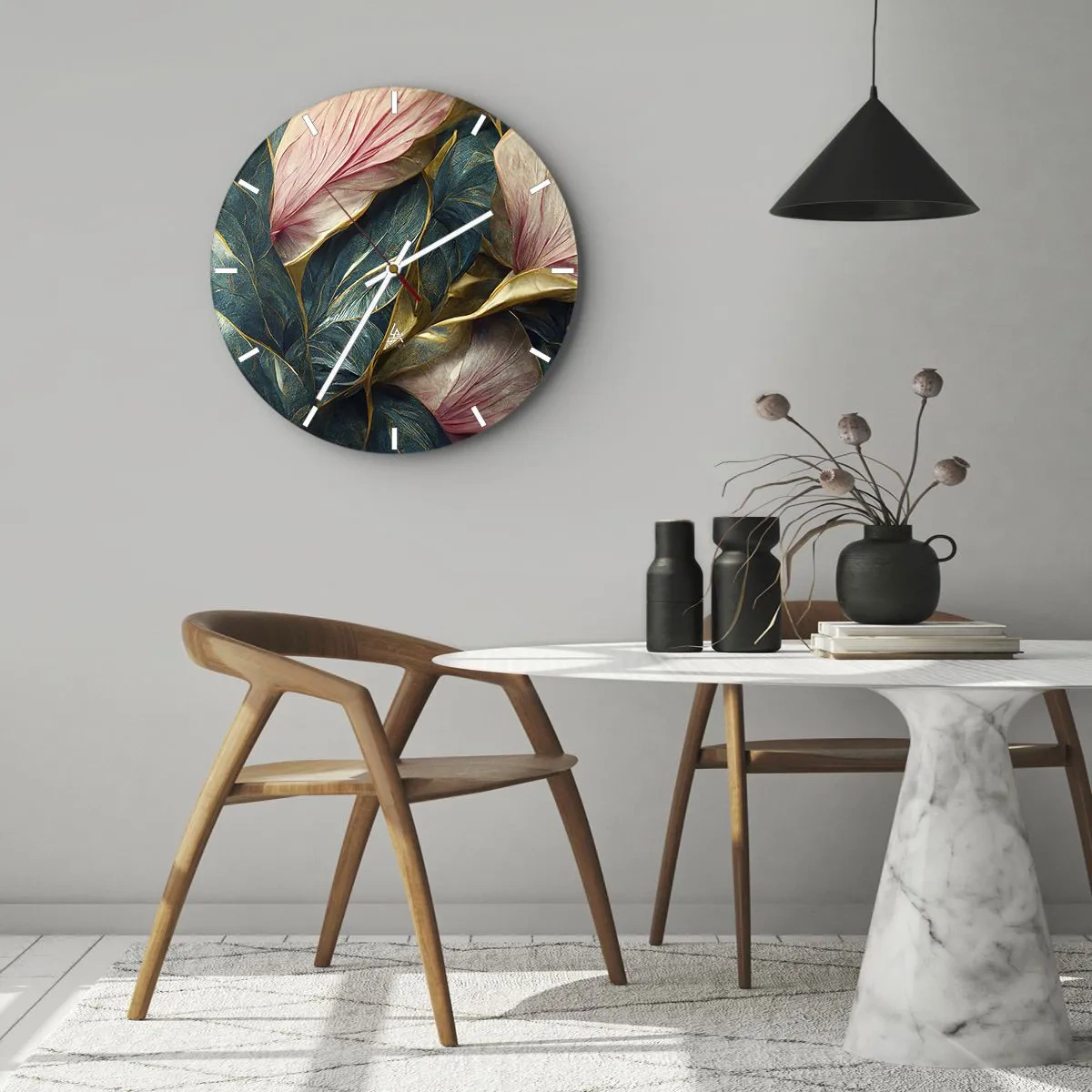 Vægur, Uret - Blade i nuancer af grønt, guld og lyserødt i en elegant form - 30x30cm - Naturlig elegance og stil - Moderne vægdekoration til stue, køkken og soveværelse ARTTOR