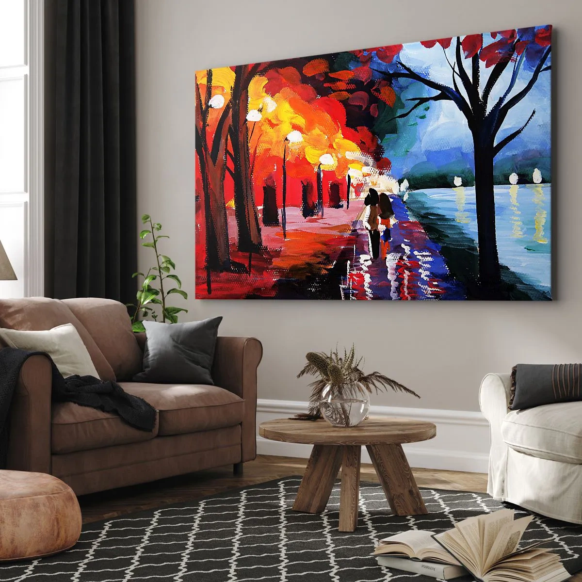 Lærredstryk - Billede på lærred - En efterårstur langs stien med udsigt over vandet - 70x50cm - Flammende efterår i parken - Moderne vægdekoration til stue og soveværelse ARTTOR