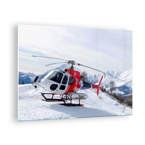 Billede på glas - En rød helikopter i et vinterbjerglandskab - 70x50cm - Altid klar - Moderne vægdekoration til stue og soveværelse ARTTOR