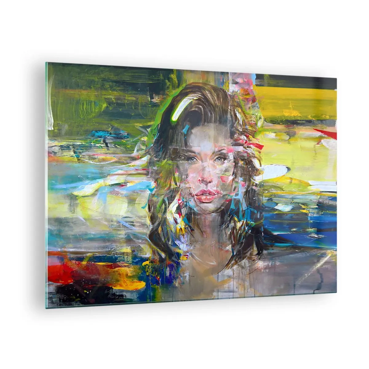 Billede på glas - Abstrakt portræt af en kvinde med en dynamisk baggrund - 70x50cm - Bag lufttæppet - Moderne vægdekoration til stue og soveværelse ARTTOR