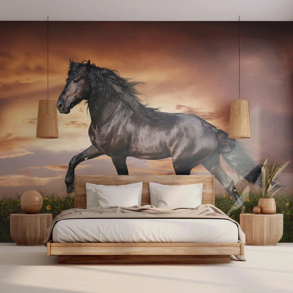 Fototapet Premium Sand - Sort prins - Dyr, arabisk hest, Landskab - 100x70 cm