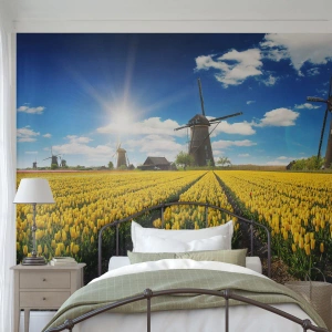 Fototapet Selvklæbende Deluxe Sticker - Kunne ikke være mere hollandsk - Landskab, Ventilator, Tulipaner - 400x280 cm