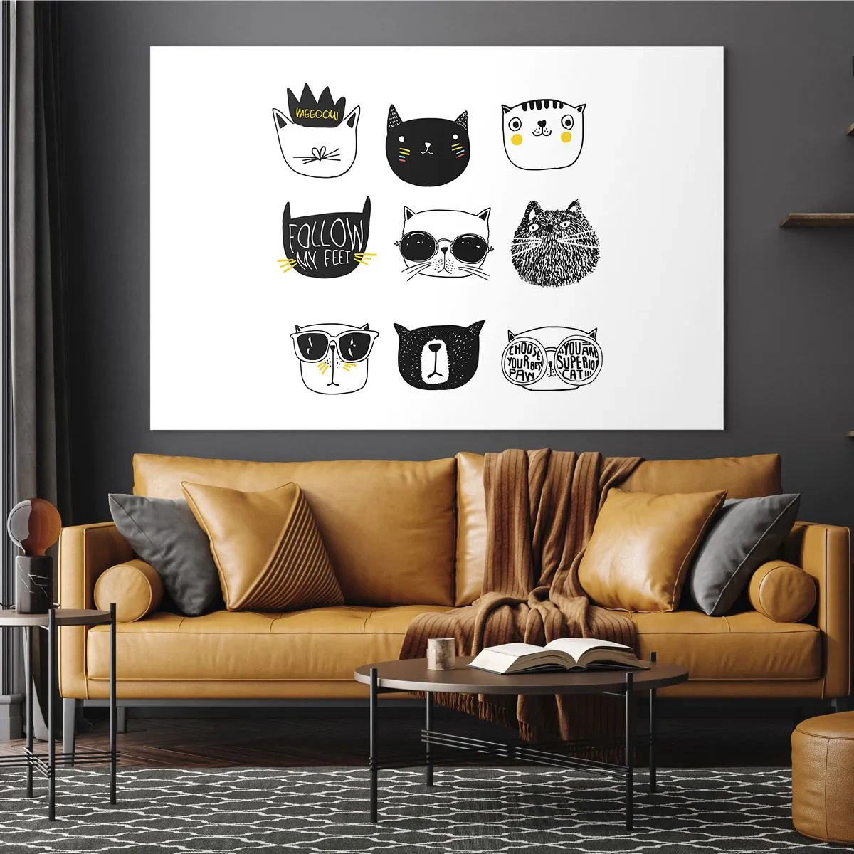 Billede på glas - Illustrationer af yndige katte i minimalistisk stil - 70x50cm - Alle andre - Moderne vægdekoration til stue og soveværelse ARTTOR