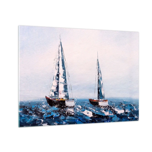 Billede på glas - To yachter på et stormfuldt hav i impressionistisk malerisk stil. - 70x50cm - Vindens broderskab - Moderne vægdekoration til stue og soveværelse ARTTOR