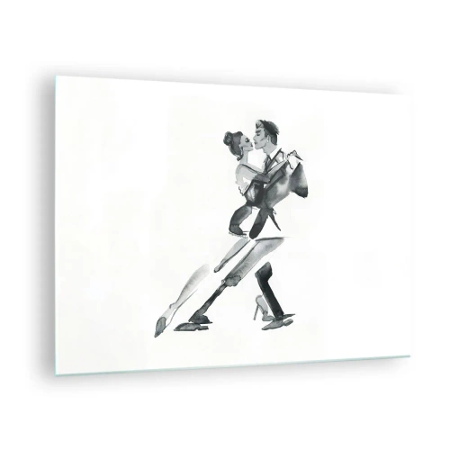 Billede på glas - Et par, der danser tango i sort-hvid akvarel - 70x50cm - I én rytme - Moderne vægdekoration til stue og soveværelse ARTTOR