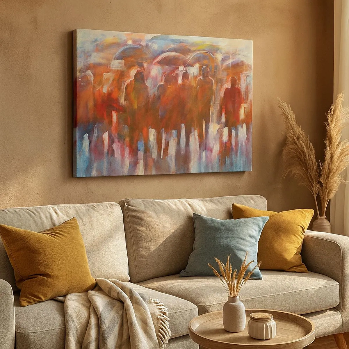 Lærredstryk - Billede på lærred - En menneskemængde med paraplyer i regnfulde, kunstneriske omgivelser - 70x50cm - Lige i regn og tåge - Moderne vægdekoration til stue og soveværelse ARTTOR