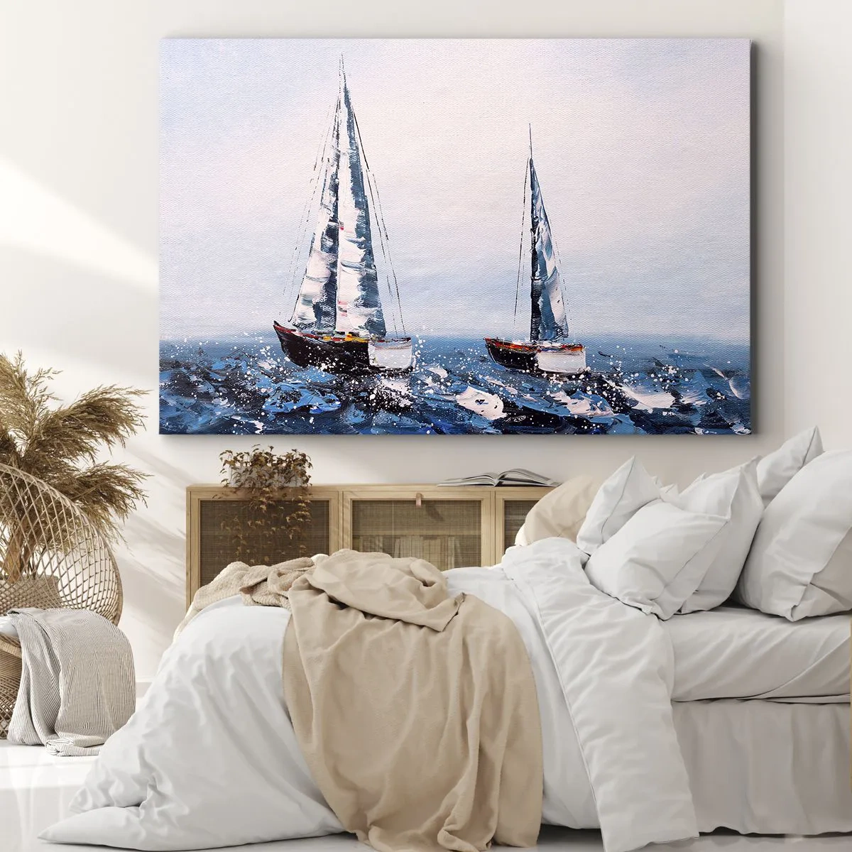Lærredstryk - Billede på lærred - Sejlbåde på et stormfuldt hav i en malerisk komposition - 70x50cm - Vindens broderskab - Moderne vægdekoration til stue og soveværelse ARTTOR
