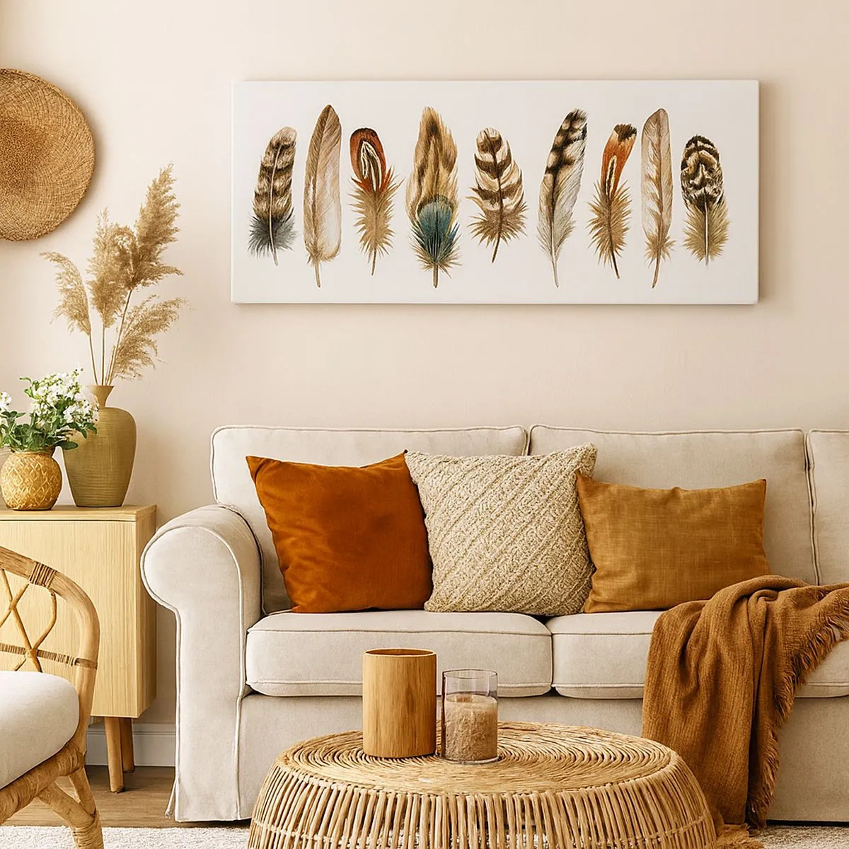 Lærredstryk - Billede på lærred - Variation med fjer - 100x40 cm