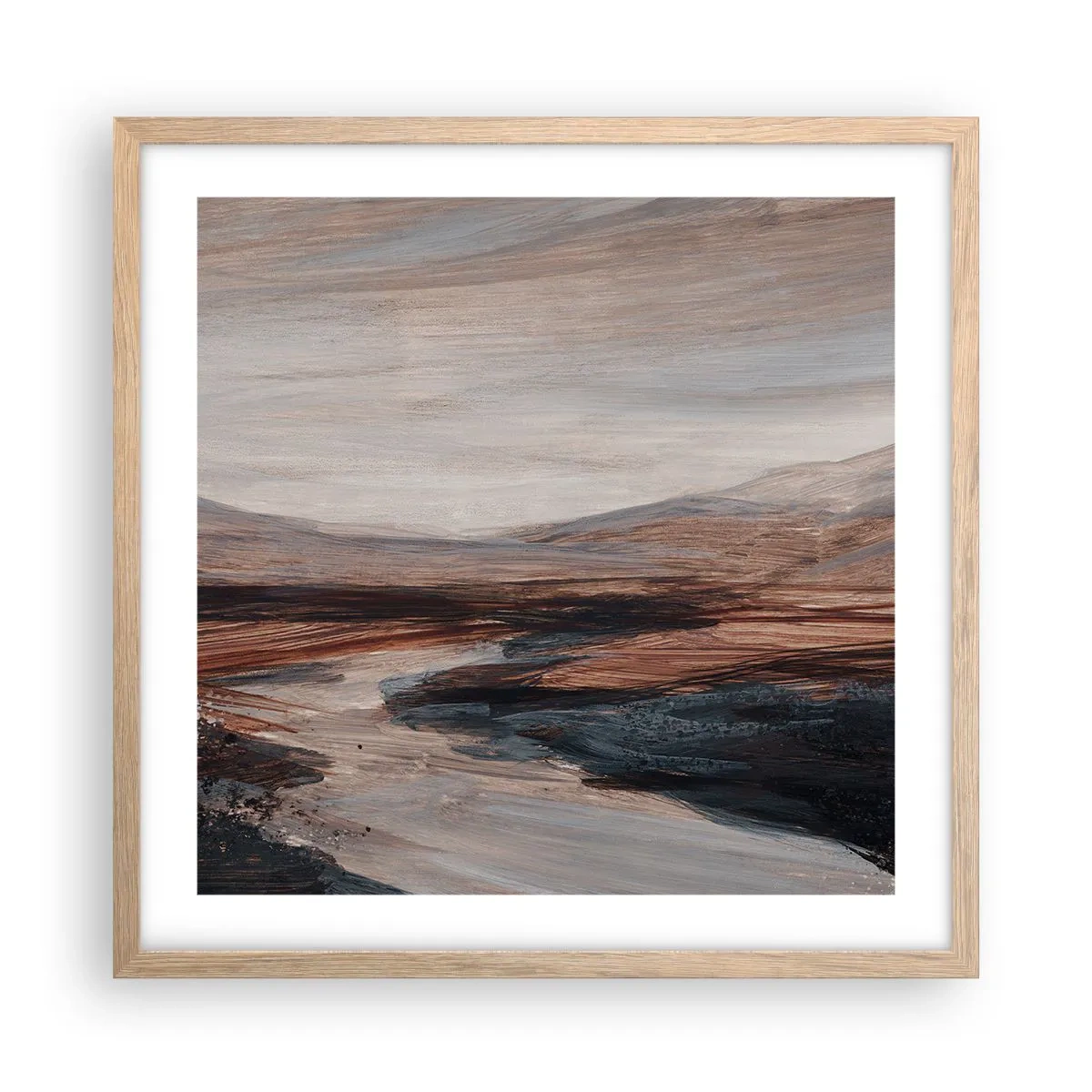 Plakat i ramme af lyst egetræ - Fredfyldt dal - 50x50 cm