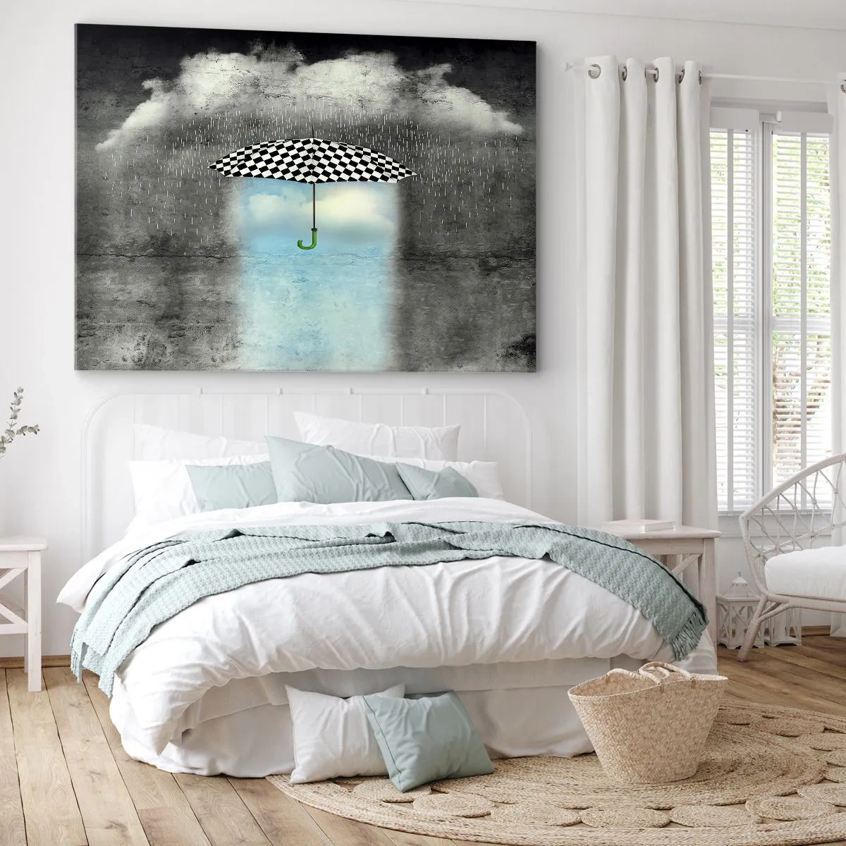 Lærredstryk - Billede på lærred - En ternet paraply over et regnfuldt landskab - 70x50cm - Og alligevel er det muligt - Moderne vægdekoration til stue og soveværelse ARTTOR