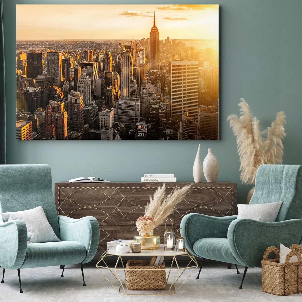 Lærredstryk - Billede på lærred - New York Citys skyline ved solnedgang med udsigt over Empire State Building - 70x50cm - At vokse i solen - Moderne vægdekoration til stue og soveværelse ARTTOR