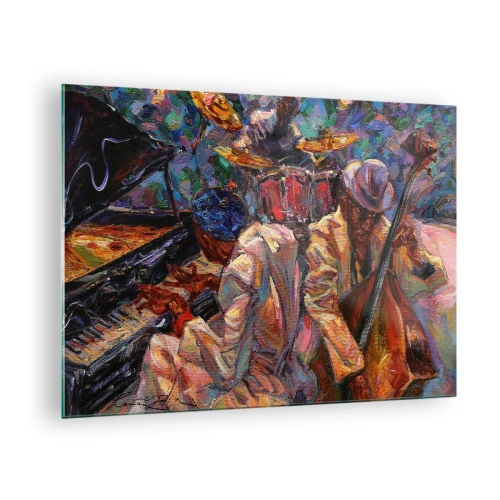 Billede på glas - En farverig jazzscene med musikere og instrumenter - 70x50cm - I én rytme - Moderne vægdekoration til stue og soveværelse ARTTOR