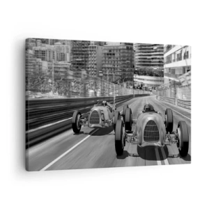 Lærredstryk - Billede på lærred - Monokrom retro bilracerscene - 70x50cm - Der var engang i Monte Carlo - Moderne vægdekoration til stue og soveværelse ARTTOR