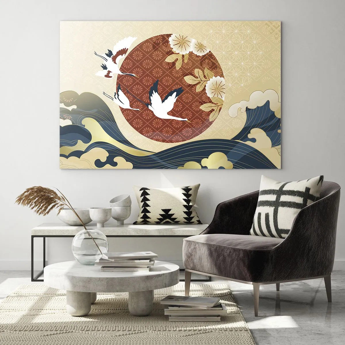 Billede på glas - Japanske traner over bølgerne mod en rød cirkel - 70x50cm - Kompatibel manglende overensstemmelse - Moderne vægdekoration til stue og soveværelse ARTTOR