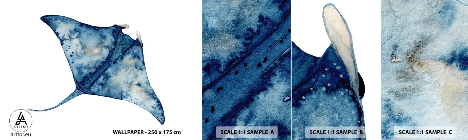 Fototapet Prøve Standard Eco - Liv i blåt - Stingray, Fisk, Seaside stil - 100x30 cm